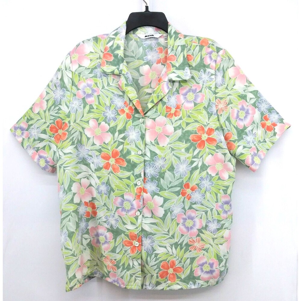 ALIA Shirt Womens Size 14 Green Floral Short Sleeve Collared Button Up Top